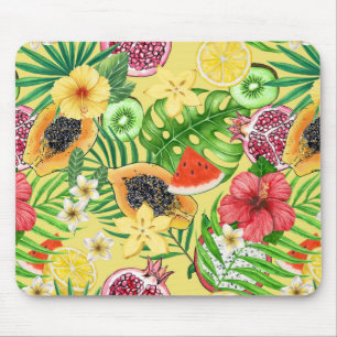 Mousepad Frutas tropicais, flores e folhas em amarelo
