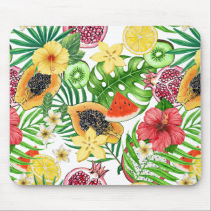 Mousepad Frutas tropicais, flores e folhas em branco