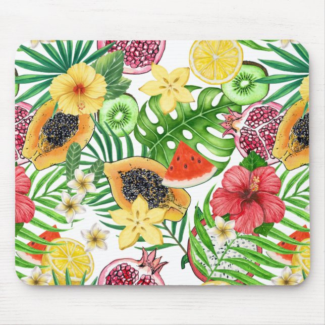 Mousepad Frutas tropicais, flores e folhas em branco (Frente)