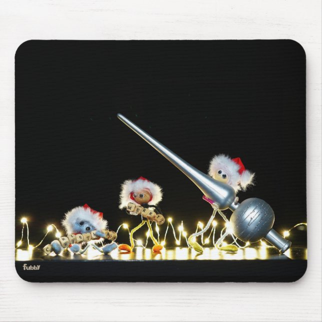 Mousepad Fubby's in Kerstsfeer met Kerstdecoratie. (Frente)