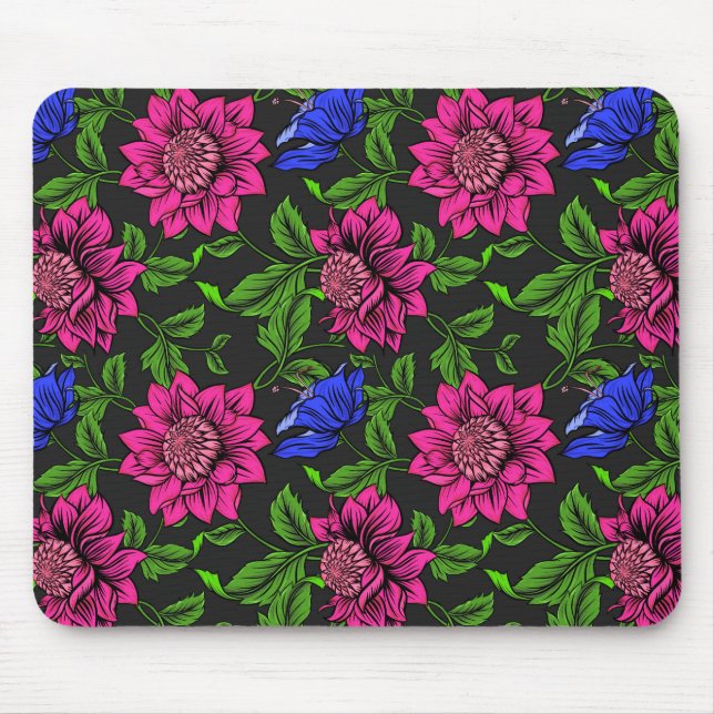 Mousepad Fuchsia Elegante e fundo preto da flor azul (Frente)