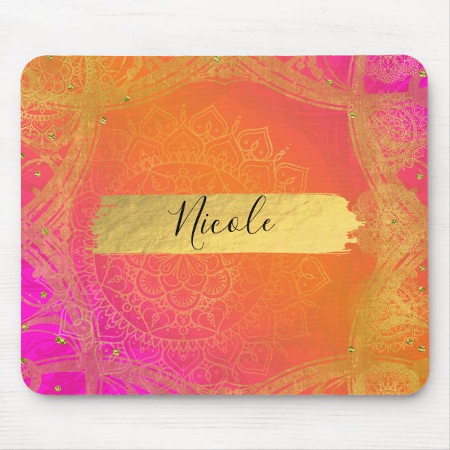 Mousepad Fuchsia Rosa Laranja & Dourado Glam Mandala Indian (Frente)