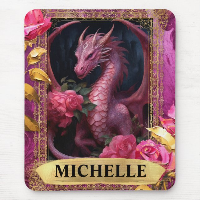 Mousepad Fúcsia Romântico Dragão e Rosas Fantasia (Frente)