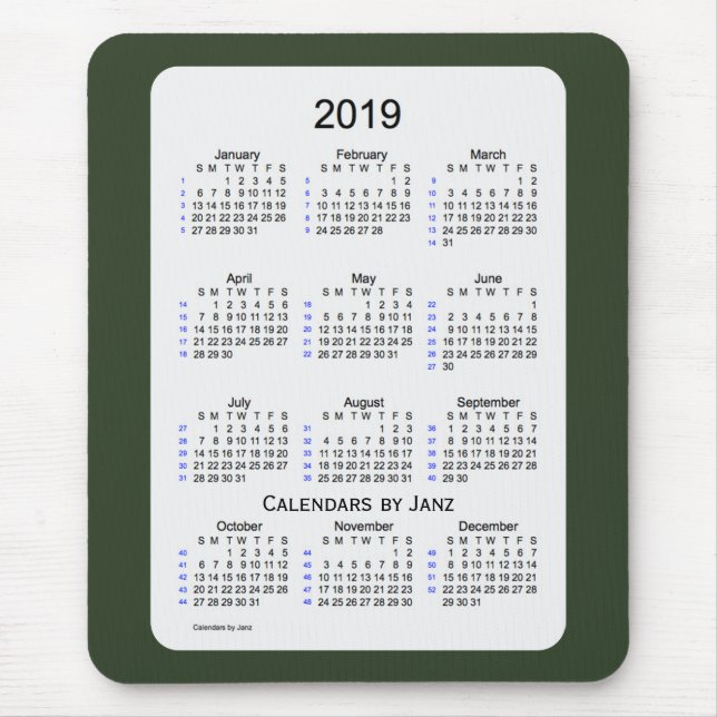 Mousepad Fumo 2019 verde calendário de 52 semanas por Janz (Frente)