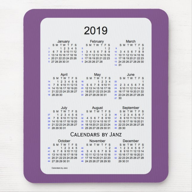 Mousepad Fumo de 2019 roxos calendário de 52 semanas por (Frente)