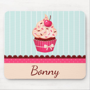 Mousepad Fundo Azul de Casa Azul de Cupcake Rosa Personaliz