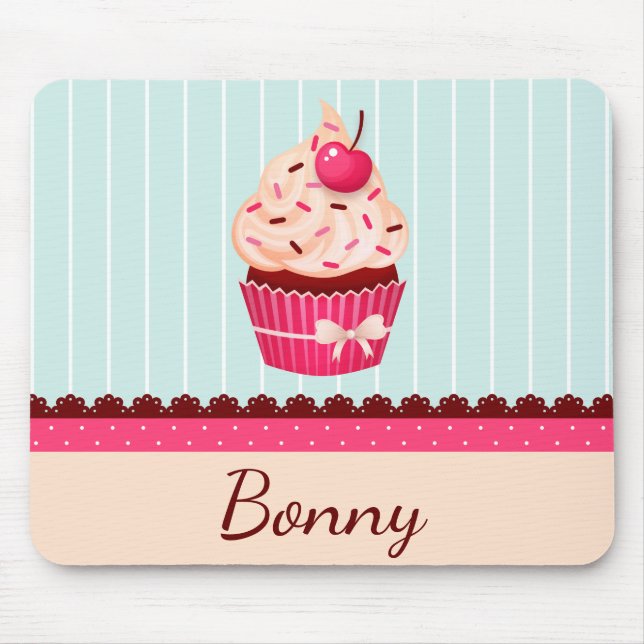 Mousepad Fundo Azul de Casa Azul de Cupcake Rosa Personaliz (Frente)