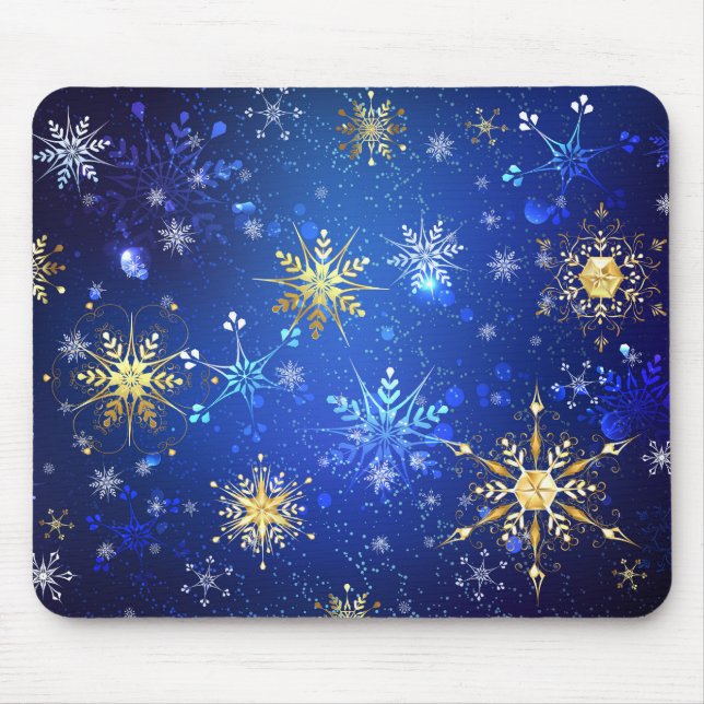 Mousepad Fundo Azul XMAS com Flocos de Neve Ouro (Frente)