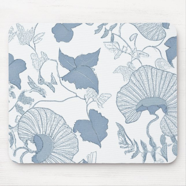 Mousepad Fundo Branco Delicar Flores Azuis Japonesas (Frente)
