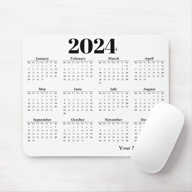 Mousepad Fundo branco do calendário 2024 (Com mouse)