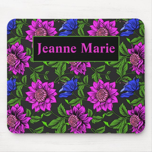 Mousepad Fundo Preto Cor-De-Rosa Elegante E Flor Azul (Frente)