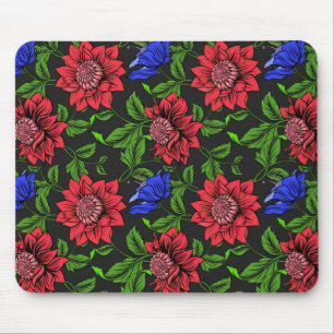 Mousepad Fundo preto Vermelho e Azul Flor Elegante