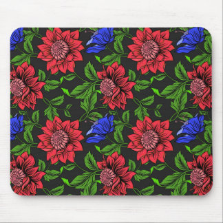 Mousepad Fundo preto Vermelho e Azul Flor Elegante