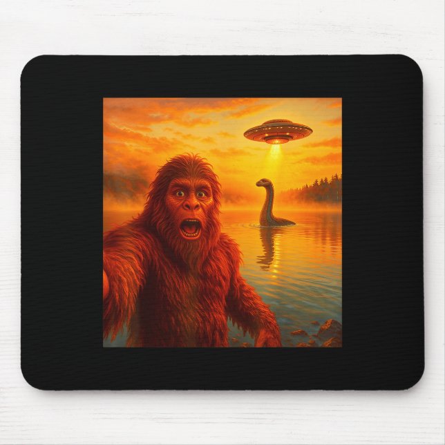 Mousepad Funny Bigfoot Selfie With Loch Ness Monster And Uf (Frente)