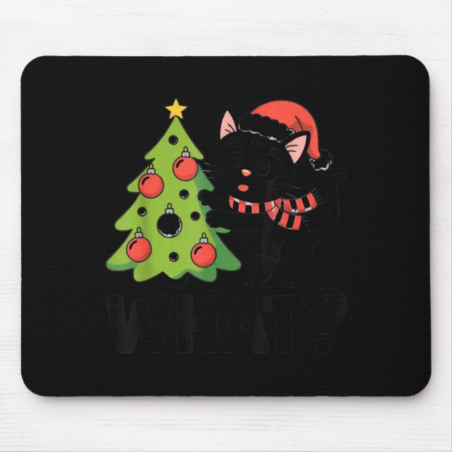 Mousepad Funny Black Ca Pushing Christmas Tree Over Cat Wha (Frente)
