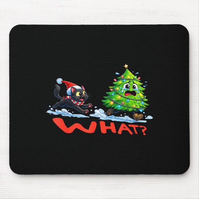 Mousepad Funny Black Cat Chasing Christmas Tree Over Cat Wh (Frente)