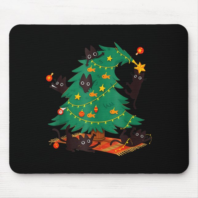 Mousepad Funny Black Cat Christmas Tree  (Frente)