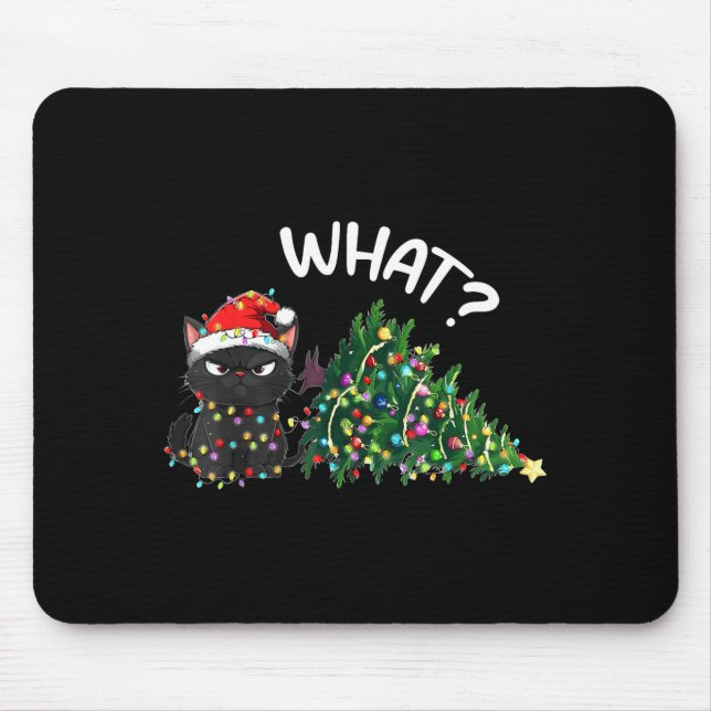 Mousepad Funny Black Cat Christmas Tree Merry Xmas Humor Ca (Frente)