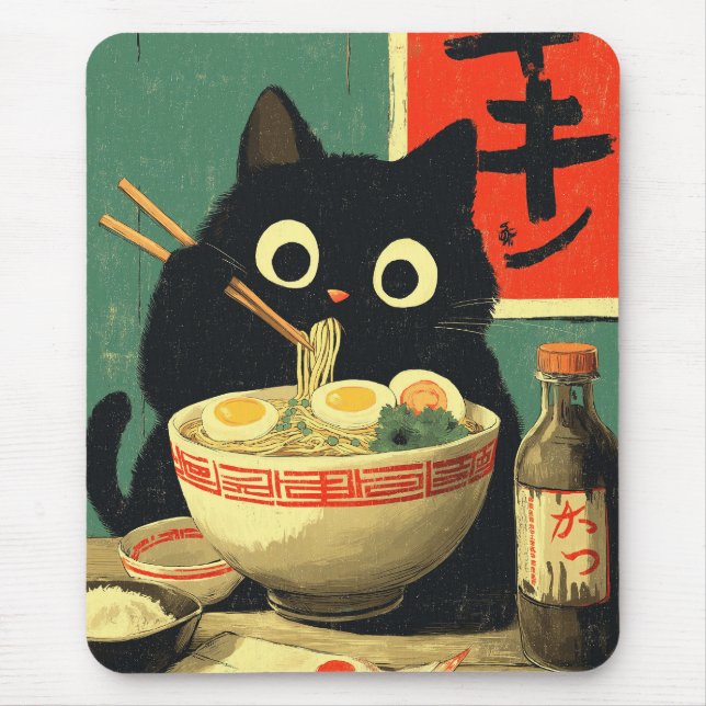 Mousepad Funny Black Cat Eating Ramen (Frente)