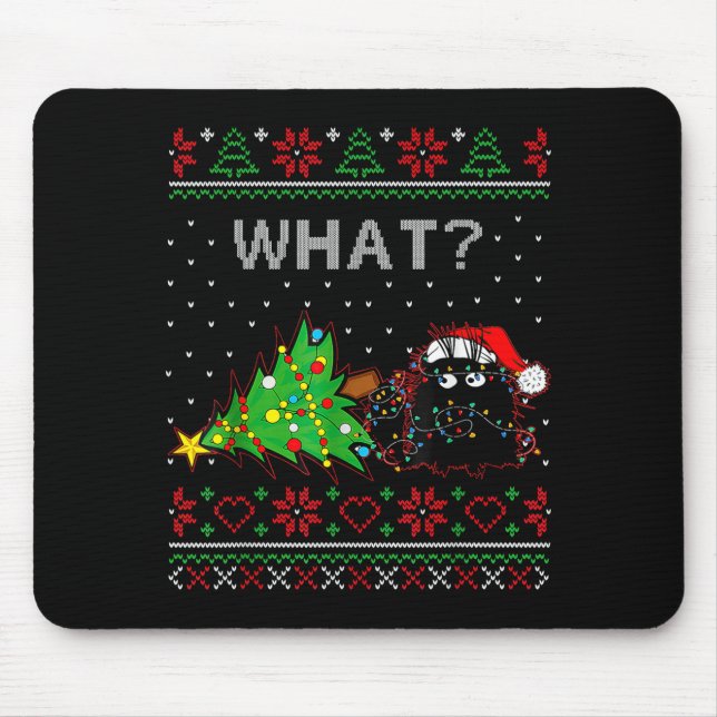 Mousepad Funny Black Cat Gift Pushing Christmas Tree Over C (Frente)