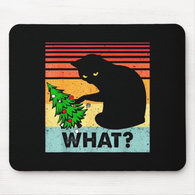 Mousepad Funny Black Cat Gift Pushing Christmas Tree Over C (Frente)
