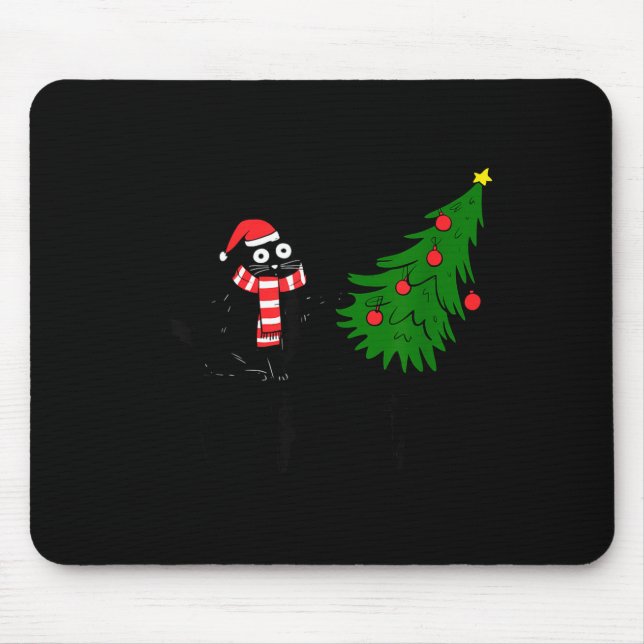 Mousepad Funny Black Cat Gift Pushing Christmas Tree Over C (Frente)