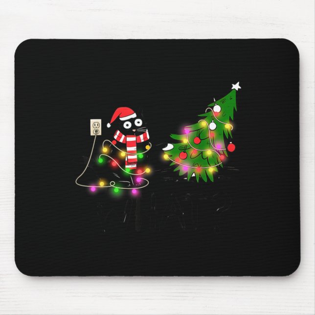 Mousepad Funny Black Cat Gift Pushing Christmas Tree Over C (Frente)