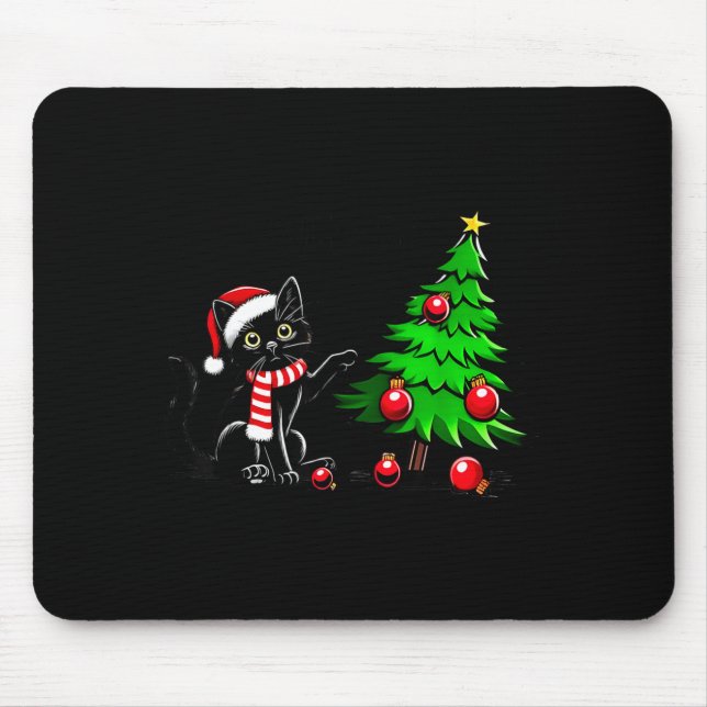 Mousepad Funny Black Cat Pushing Christmas Tree Over Cat Wh (Frente)