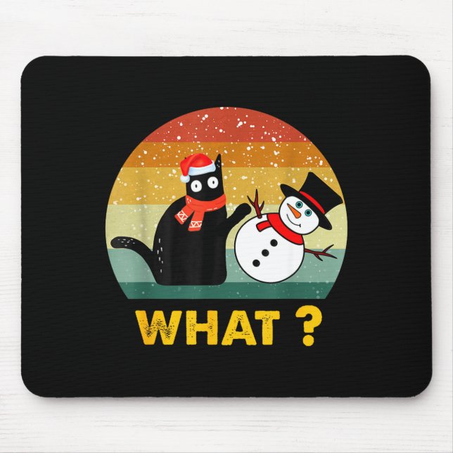 Mousepad Funny Black Cat Pushing Snowman Xmas Winter Costum (Frente)
