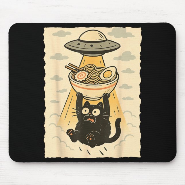 Mousepad Funny Black Cat Ufo Ramen Alien Abduction Graphic  (Frente)