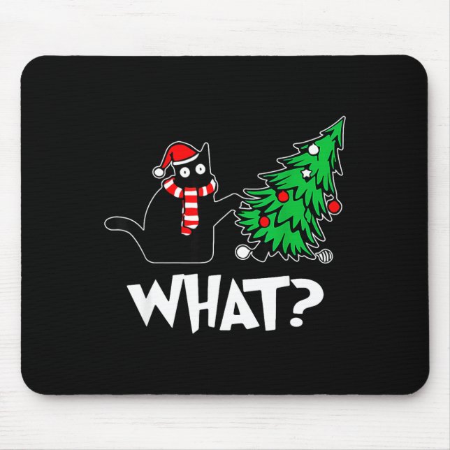 Mousepad Funny Black Cat Xmas Pushing Christmas Tree Over C (Frente)