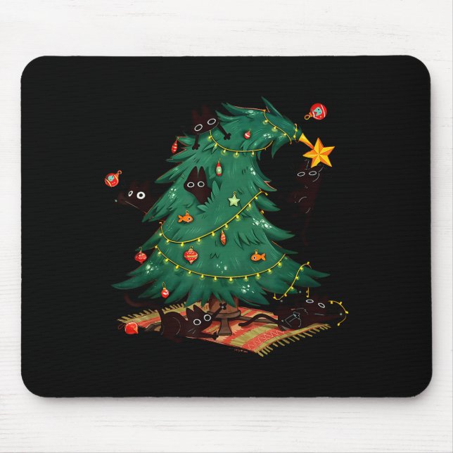 Mousepad Funny Black Cats Christmas Xmas Tree Family Pajama (Frente)