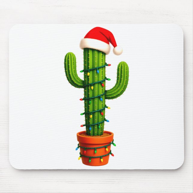 Mousepad Funny Cactus Santa Hat Xmas Tree Lights Merry Chri (Frente)