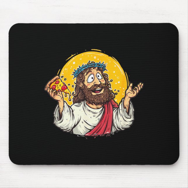 Mousepad Funny Cartoon Jesus Christ With Pizza Slice Costum (Frente)