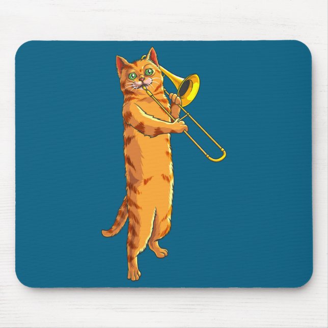 Mousepad Funny Cat Playing Trombone Gift Cool Kitten Musici (Frente)