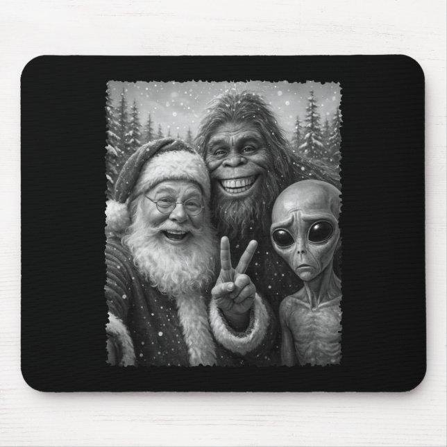 Mousepad Funny Cat Santa Bigfoot Alien Christmas Selfie Tee (Frente)