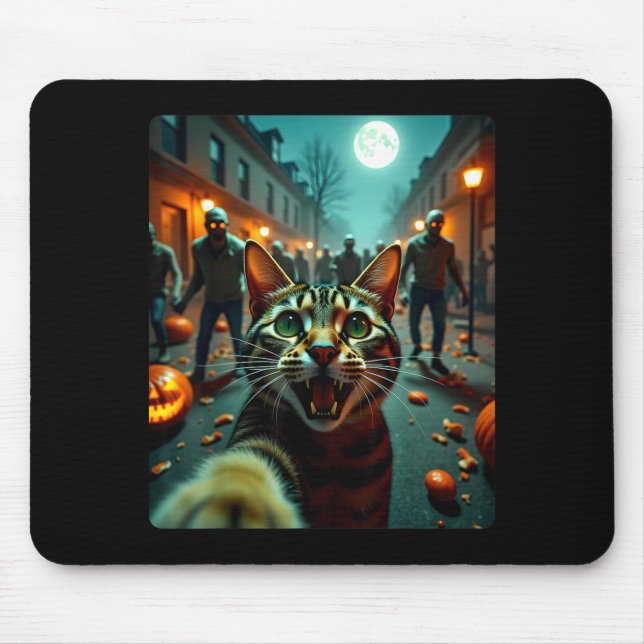 Mousepad Funny Cat Selfie Halloween Zombies Humor  (Frente)