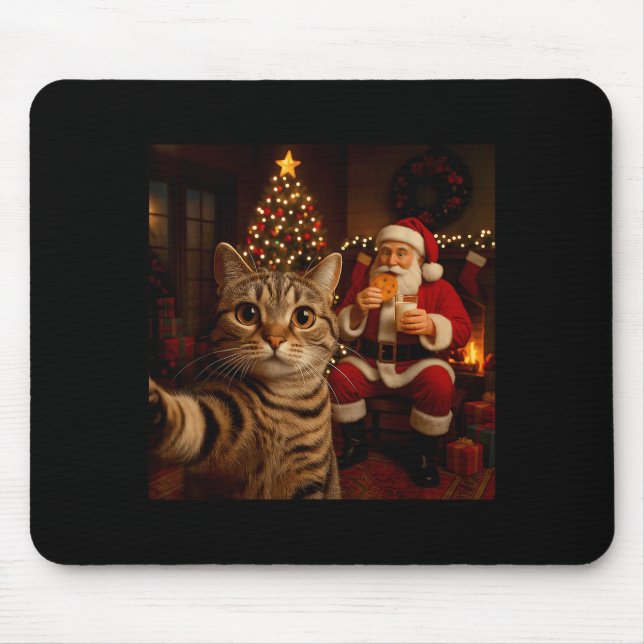 Mousepad Funny Cat Selfie Santa Claus Eating Cookies Christ (Frente)