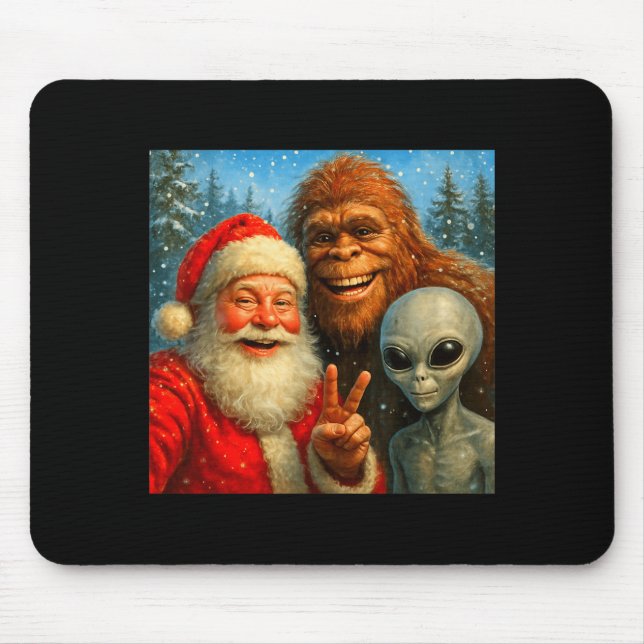 Mousepad Funny Cat Selfie With Santa Claus &amp; Bigfoot Me (Frente)
