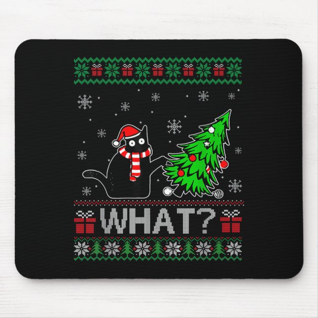Mousepad Funny Cat What Black Cat Christmas Tree Ugly Xmas  (Frente)