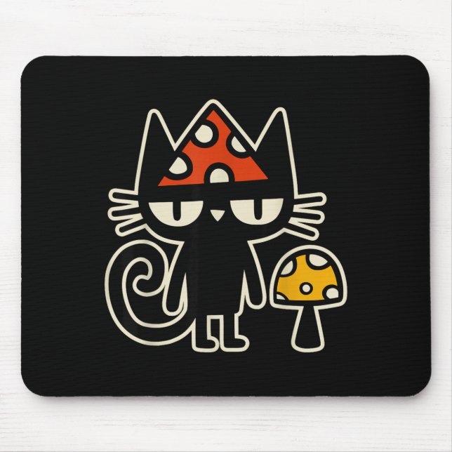 Mousepad Funny Cat With Mushroom Hat Black Cat With Toadsto (Frente)