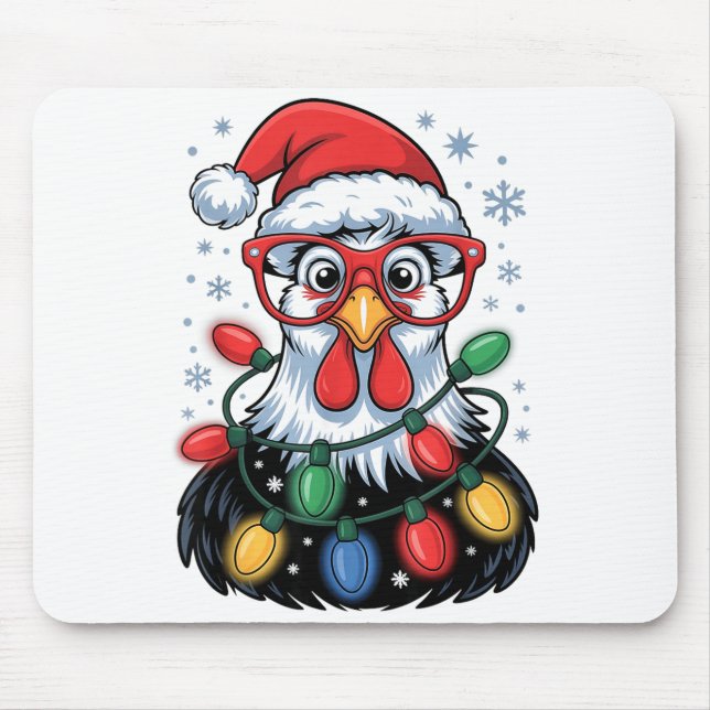 Mousepad Funny Chicken Christmas Tree Lights Santa Hat Xmas (Frente)