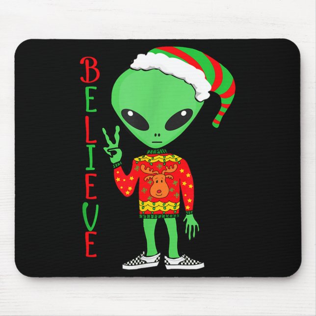 Mousepad Funny Christmas Alien Ugly Sweater I Believe Santa (Frente)