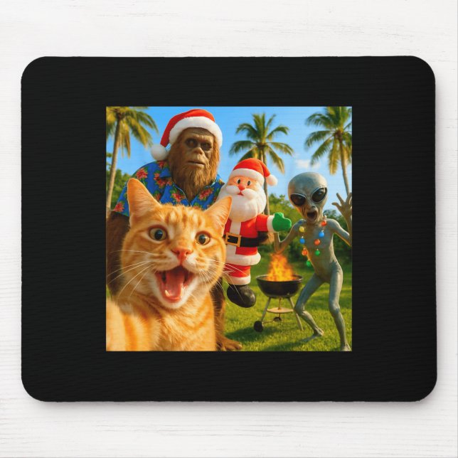 Mousepad Funny Christmas Cat Selfie With Bigfoot &amp; Alie (Frente)