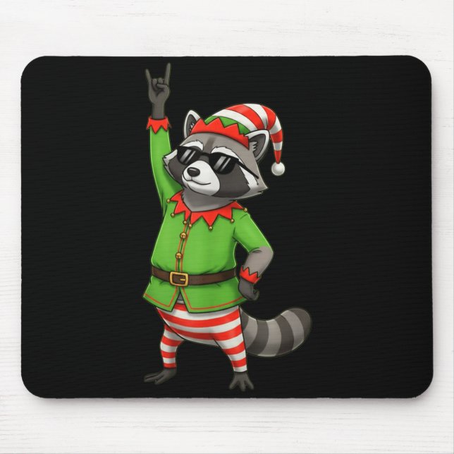Mousepad Funny Christmas Raccoon Dressed As Elf With Sungle (Frente)