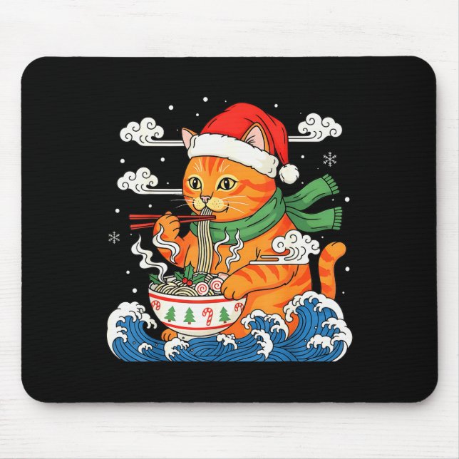 Mousepad Funny Christmas Ramen Cat Eating Noodles Japanese  (Frente)