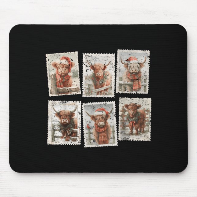 Mousepad Funny Christmas Stamp Highland Cow Lover Merry Xma (Frente)