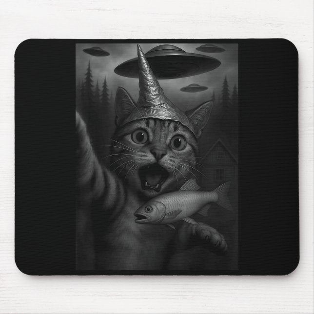 Mousepad Funny Consracy Cat In Tin Foil Hat Panics At Alien (Frente)