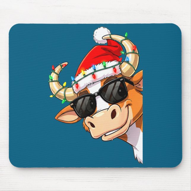 Mousepad Funny Cow Christmas Cool Longhorn Santa Cow Hat Ho (Frente)