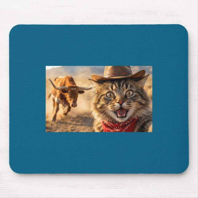 Mousepad Funny Cowboy Cat Selfie With Charging Bull Western (Frente)